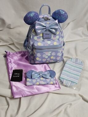 Loungefly Pastel Purple Minnie Ear Backpack Set with Glitter Accents